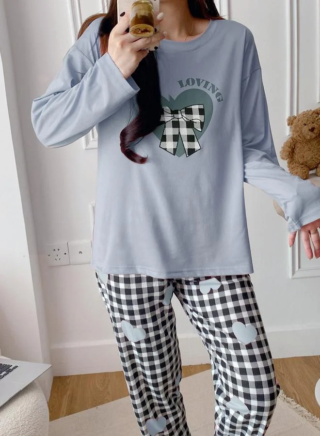 Take Two  Blue Heart Long Sleeve T-Shirt and Checked Pyjama Set for Women | Best Price UAE